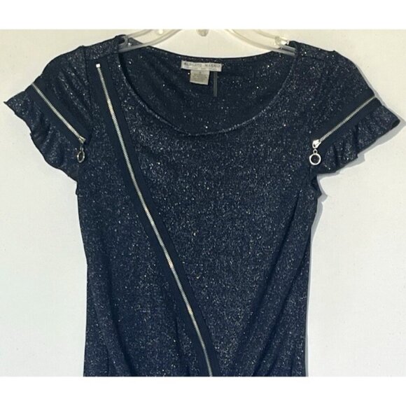 Alberto Makali Navy Blue Metallic Glitter Asymmetrical Zip Tunic Mini Dress - Picture 3 of 5